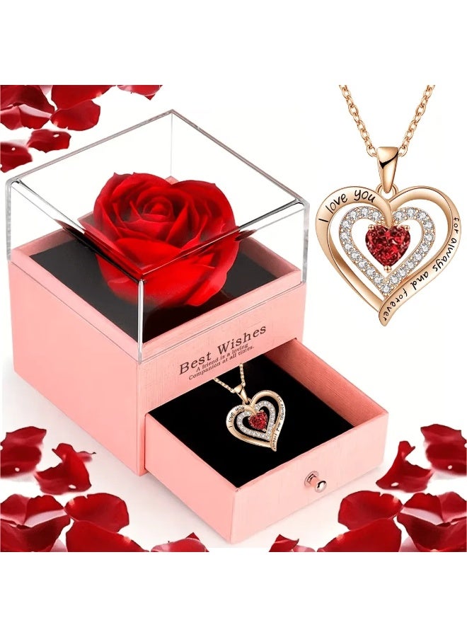 هدايا يوم الحب علبة هدية وردة حمراء محفوظة مع قلادة قلب احمر – هدية فالنتاين والذكرى السنوية